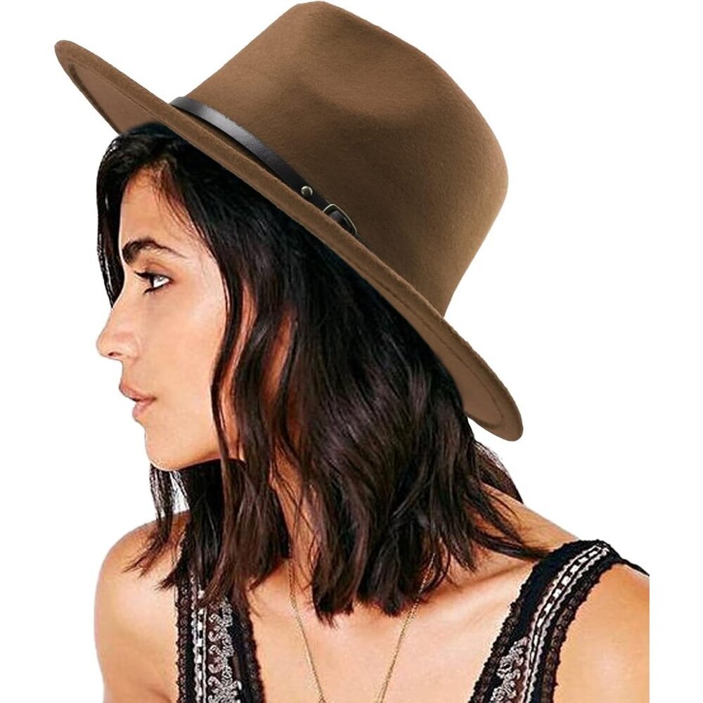 Women's Coffee Western With Braided Leather Band Classic Fedora Felt Cowboy Hat